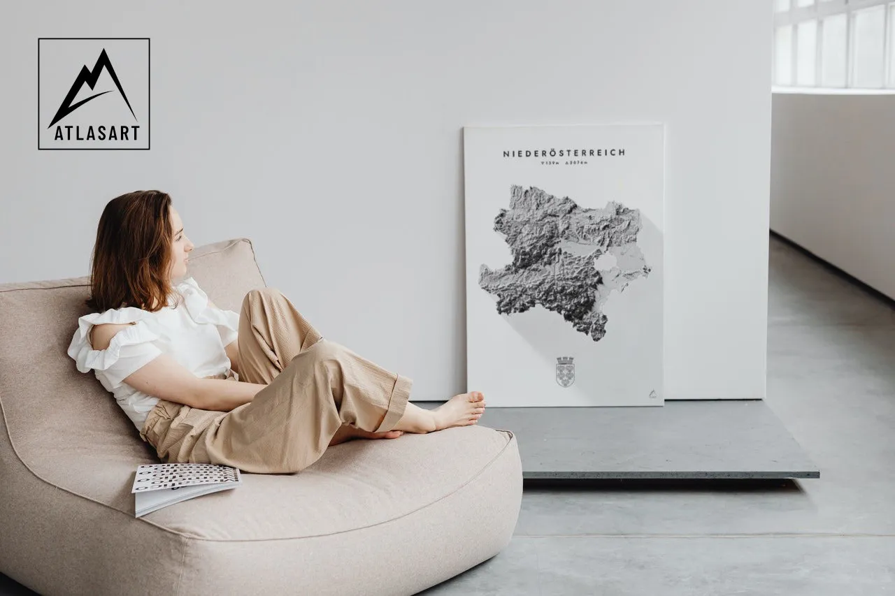 Atlas Art regional print of Lower Austria (Niederösterreich), 3D relief of the region's terrain